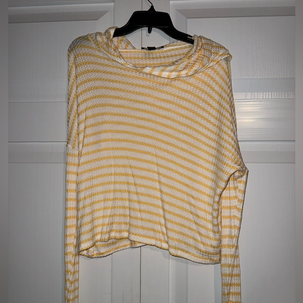 White and yellow striped long sleeve with a hood